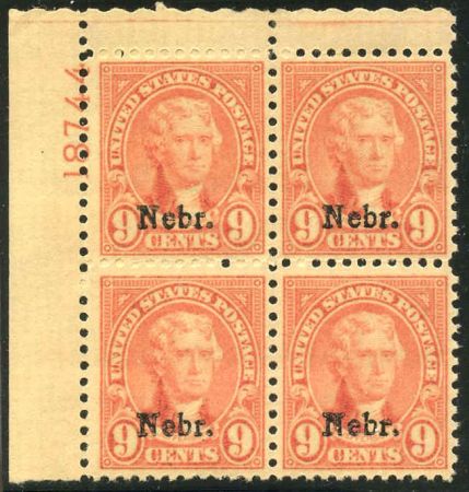 US 678 VF LH Nebraska Overprint Plate Block cv $500