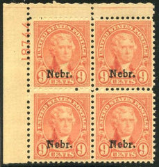 US 678 VF LH Nebraska Overprint Plate Block cv $500