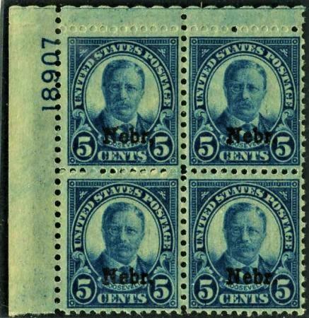 US 674 VF - XF LH Nebraska Overprint Plate Block Mint cv $300++