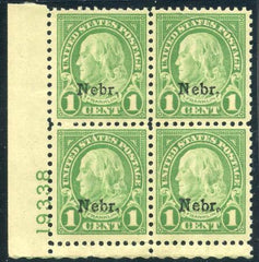 US 669 Mint NH XF - Sup Nebraska Overprint Plate Block 19338 LL
