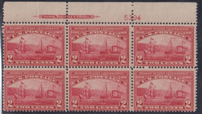US 372 Early Commemoratives P/B of 6 num 5394 Top Center Stamp with double Transfer