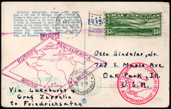 US 1930 C13 VF on F-VF Zeppelin Flight PPC , Picture of Michigan Ave from Lake Michigan