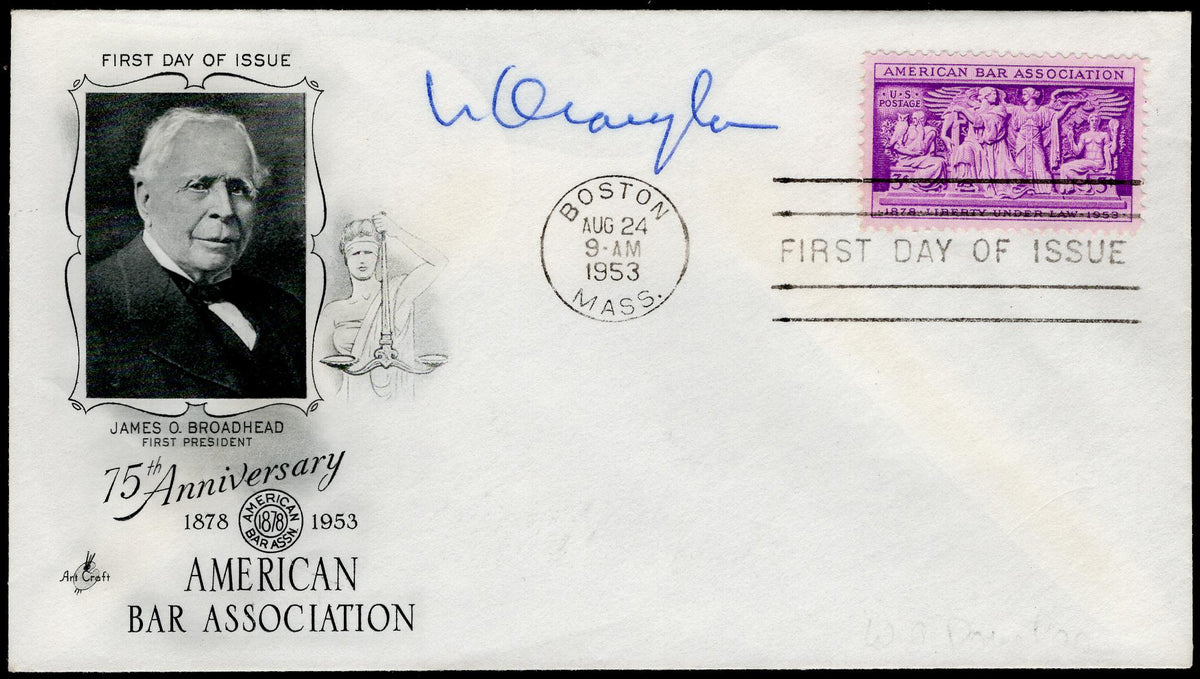 US 1953 #1022  FDC Signed by William O. Douglas, Supreme Court Justice