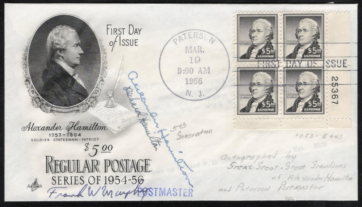 US 1956 #1053 Alexander Hamilton Signed by Great Great Grandson + PM