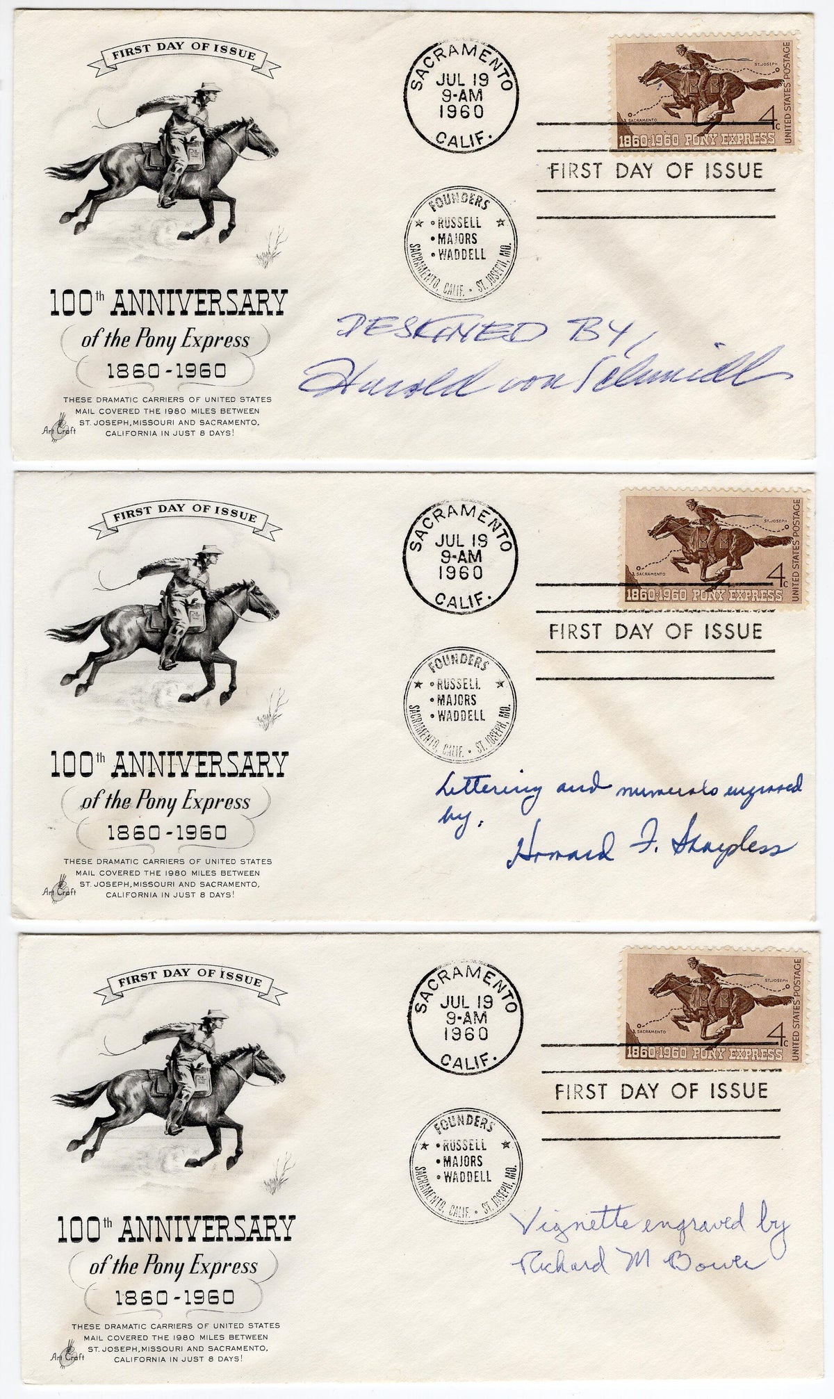 US 1960 #1154  Set of 3 Matching FDC's Each Signed by a Different Designer or Engraver