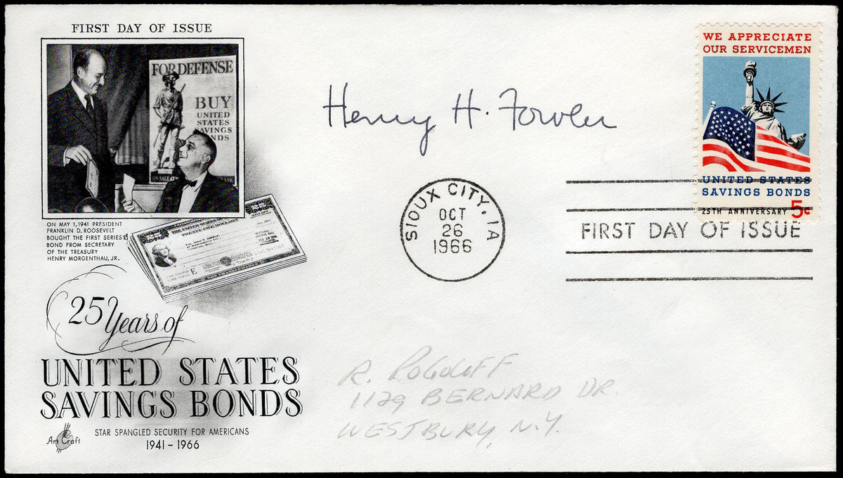 1966 #1320 US Savings Bond FDC Signed by Henry H Fowler, Secretary of Treasury