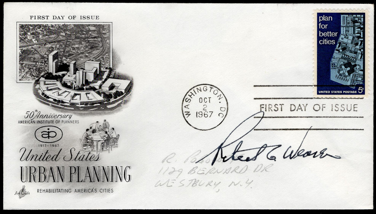 US 1967 #1333 FDC Signed by Robert C. Weaver, Secretary of  Housing & Urban Planning