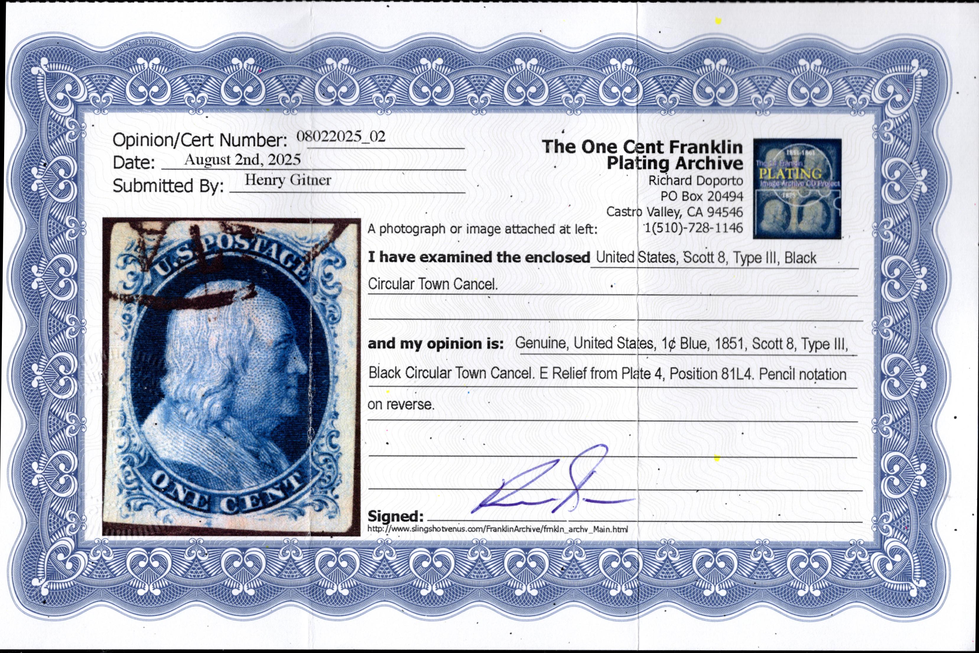 US 8 Early Classic  XF-SUP Used, 95 Grade, Certificates
