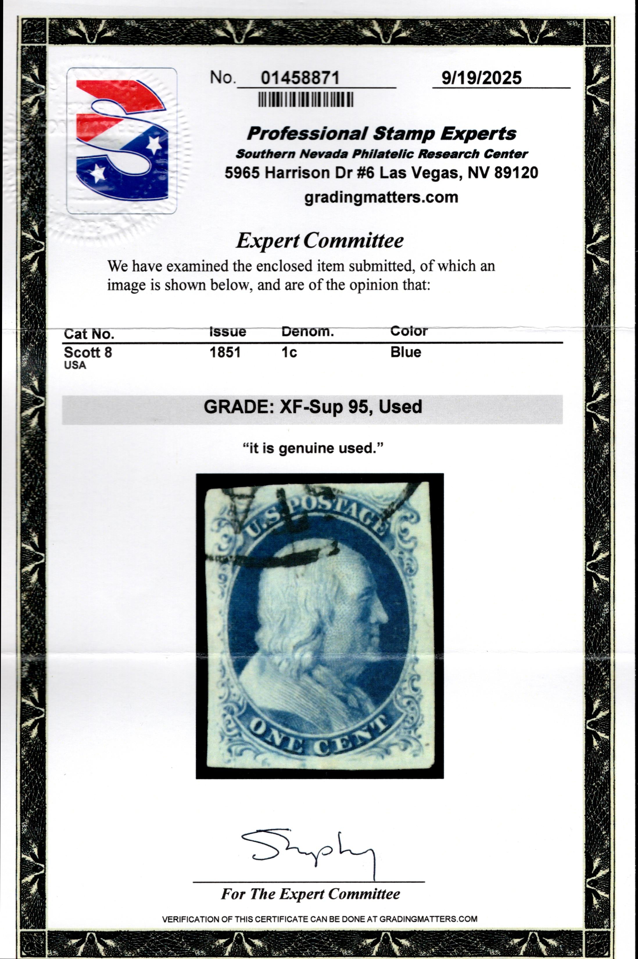US 8 Early Classic  XF-SUP Used, 95 Grade, Certificates