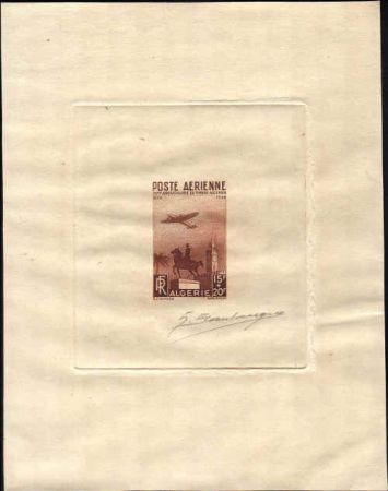 Algeria CB3  Artist Die Proof, Airplane, Clock Tower, Sepia, Signed