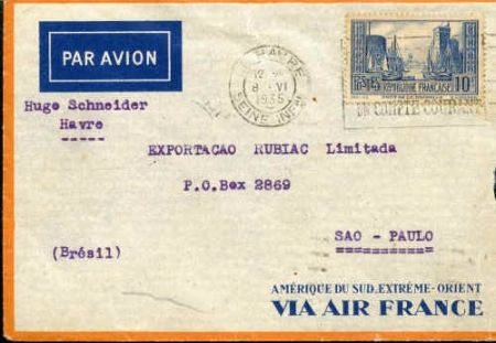 France 1935 Commercially used Air France airmail from Le Havre to San Paulo, Brazil