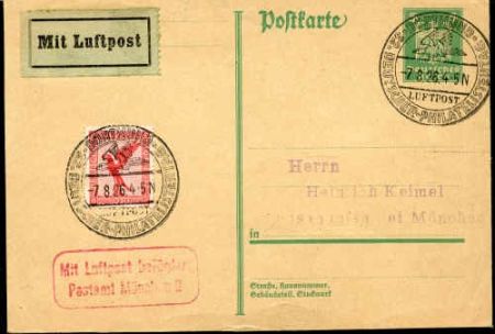 Germany 1926 postal card sent airmail from Dortmund & Munich Philately Day Cancel