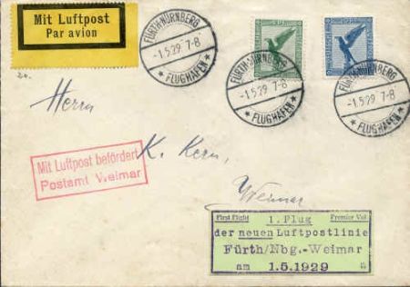 Germany 1929 First Flight cover Nurnberg-Weimar. C27,C29