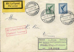 Germany 1929 First Flight cover Nurnberg&Weimar