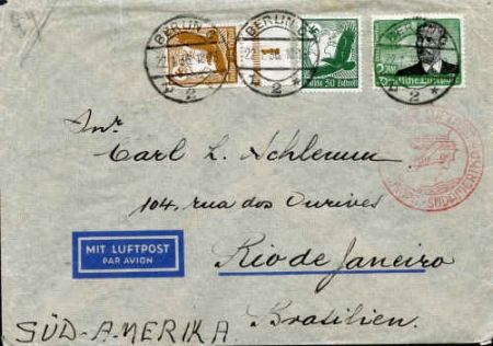 Germany 1936 4th South Atlantic flight. double rate cover to Brazil.