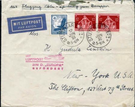 Germany 1936 Catapult cover, airmail flight Koln -  liner Europa at Cherbourg.