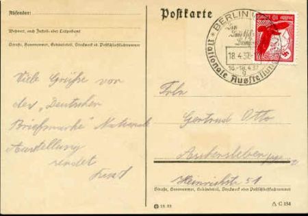 Germany 1937 Airmail postal card, Berlin National Ausstellung cancel.