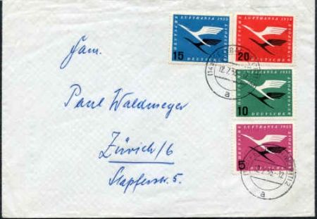 Germany 1955 Airmail cover wtih Lufthansa set, C61 - C64, addressed to Zurich, Switzerland.