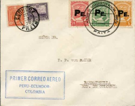 Peru 1928 Scadta flight cover to Colombia