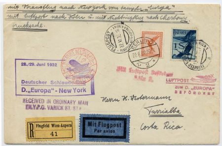 Austria 1932 Catapult Cover "Europa" - New York to Costa Rica