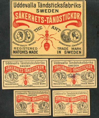 Sweden Set of 5  matchbook labels - one oversized, ants, coins