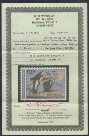 US RW57b Duck Stamp XF NH with Black Inscription Weiss Cert