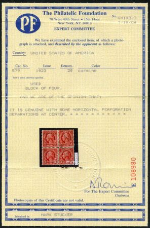 US 579 F- VF Used Block. PFC Mentions a Few Horizontal Perforation Separations At Center. CV $1,750