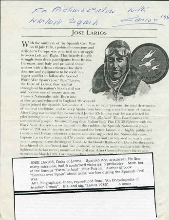 Autographs Jose Larios 1985 Spanish Ace  Signed biographical re print