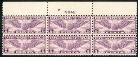 US C12 Airmail VF - XF NH Wide Top PB of 6 - Immaculate Gum