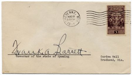 US 897 Autographed Cover, Governor Frank Barrett of WY