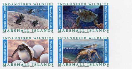 Marshall Is. 377 - 380 Imperf, Sea Turtles, Endangered Wildlife Block of 4