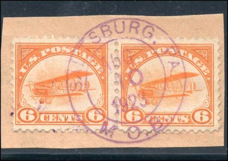 US C1 Airmail Fine Used Horizontal Pair Tied to Piece by clear Saltsburg, PA cds