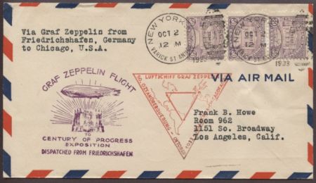 US 1933 Scott 701 (3x) Century of Progress Flight postmarked Oct 2