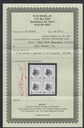 US 832b NH VF Block of 4 Weiss Cert