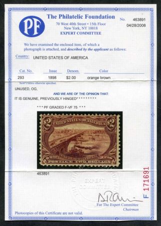 US 293 Early Commemoratives F - VF LH VF for issue 2x PFC Certs