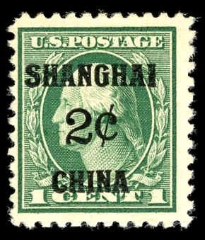 US Shanghai Overprint K1 F - VF LH cv $22.50