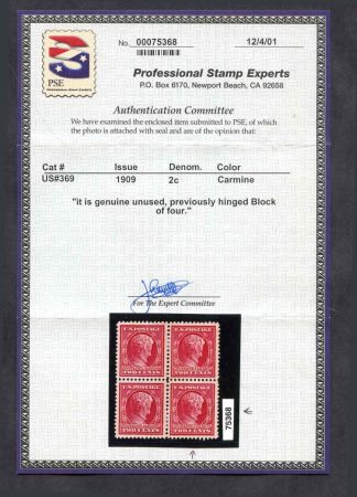 US 369 Early Commemoratives VF LH w PFC for Block