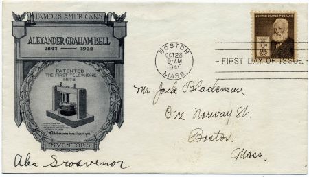 US 893 FDC Signed by Bell's Grandson, Abe Grosvenor