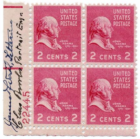 US 806 John Adams Autographed Plate Block