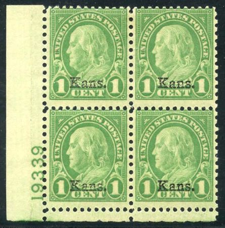 US 658 Ave - F LH Kansas Overprint Plate Block 19339 LL cv $60