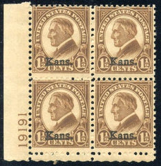 US 659 F - VF LH Kansas Oveprint Plate Block 19181 LL cv $60