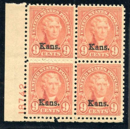 US 667 F - VF NH Kansas Overprint Plate Block 18742 LL cv $400