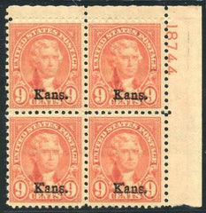 US 667 VF NH Kansas Overprint Plate Block 18744 UR cv $400