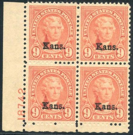 US 667 VF + NH Kansas Overprint Plate Block 18742 LL cv $400