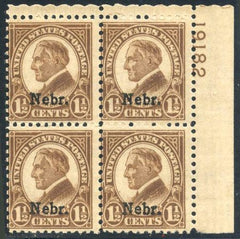 US 670 Ave - F NH Nebraska Overprint Plate Block 19182 UR cv $95