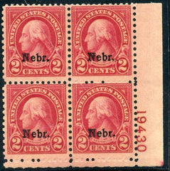 US 671 Fine NH Nebraska Overprint Plate Block 19430 LR cv $90