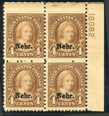 US 673 Ave - F NH Nebraska Overprint Plate Block 18082 UR cv $425