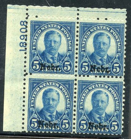 US 674 JF Mint NH Nebraska Overprint Plate Block 18908 UL cv $425