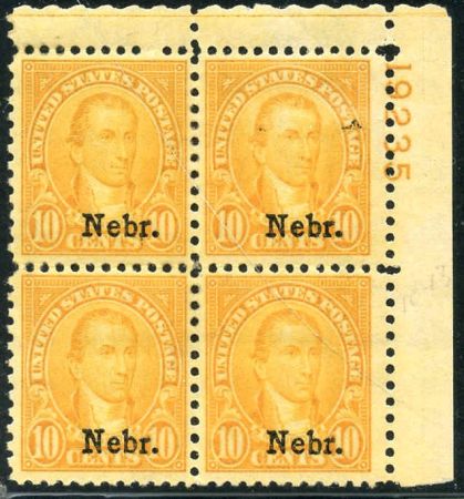 US 679 VF H Nebraska Overprint Plate Block 19235 UR cv $925