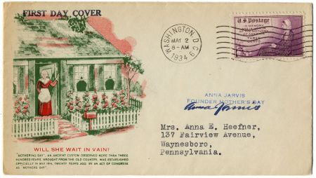 US 738 FDC Autographed Anna Jarvis, Founder of Mother's Day in 1907